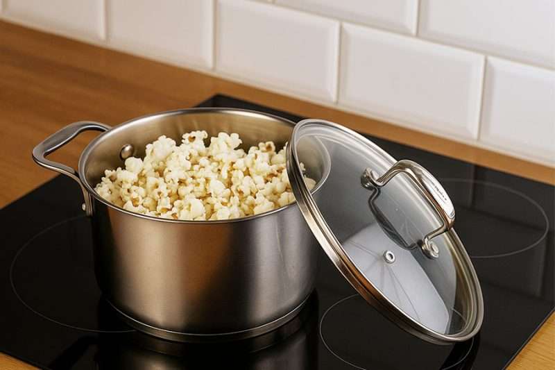 Kastrull fylld med nypoppade popcorn på induktionshäll