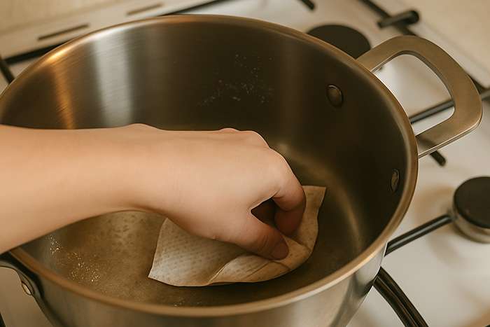 Kastrullen torkas ur med hushållspapper efter poppning