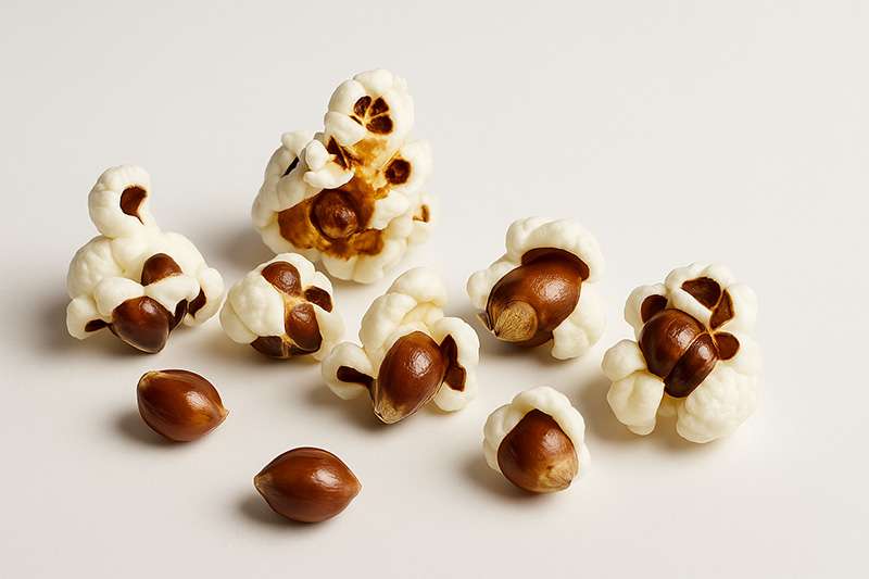 Partiellt poppade popcornkärnor i närbild