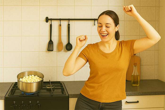 Kvinna dansar i köket medan popcornen poppar