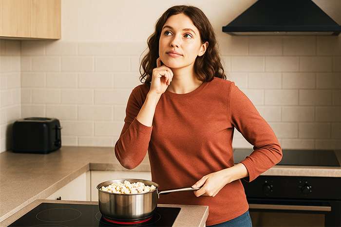 Kvinna drömmer sig bort medan popcornen poppar på spisen