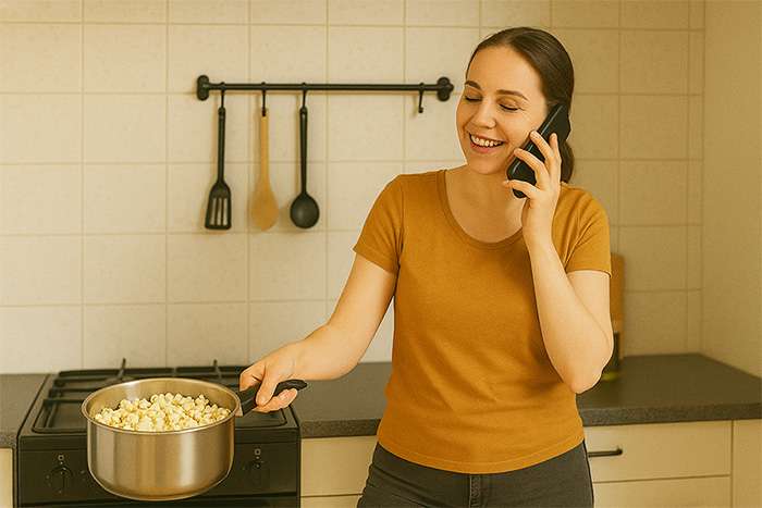 Kvinna pratar i telefon medan popcornen poppar på spisen