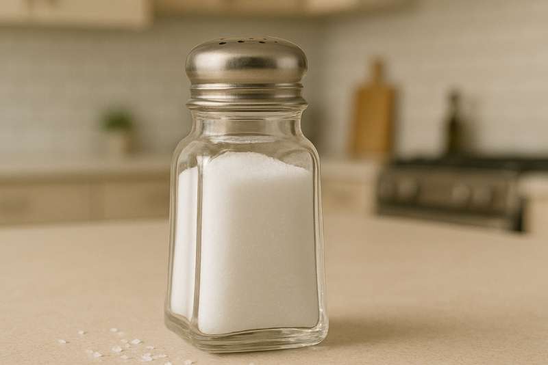 Saltkar med fint bordssalt på köksbänk